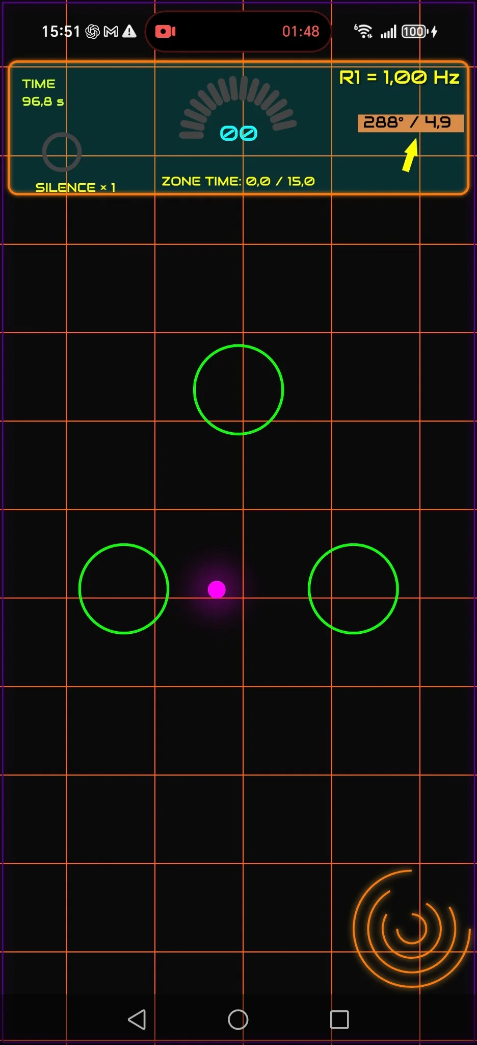 Real DriftDot R1 gameplay screen with the neon grid, HUD and magenta dot