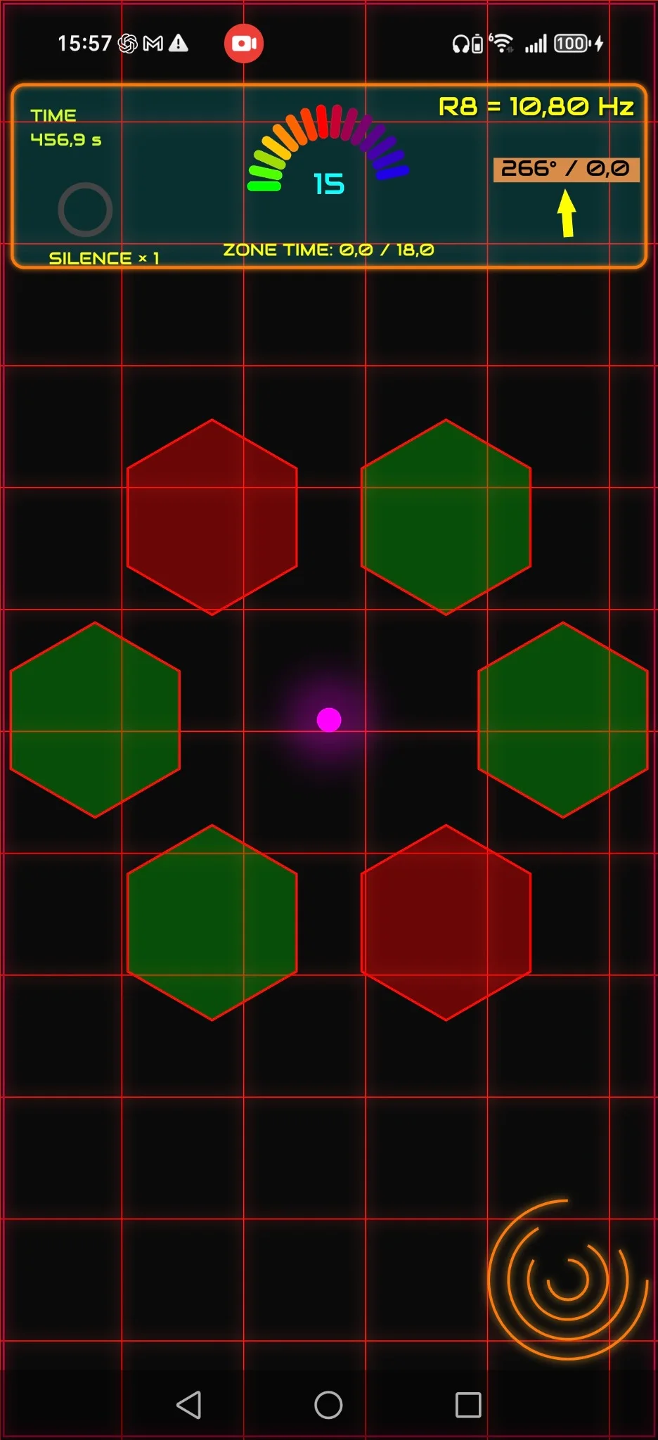 Real DriftDot R8 level showing hexagonal fields, the HUD and neon grid